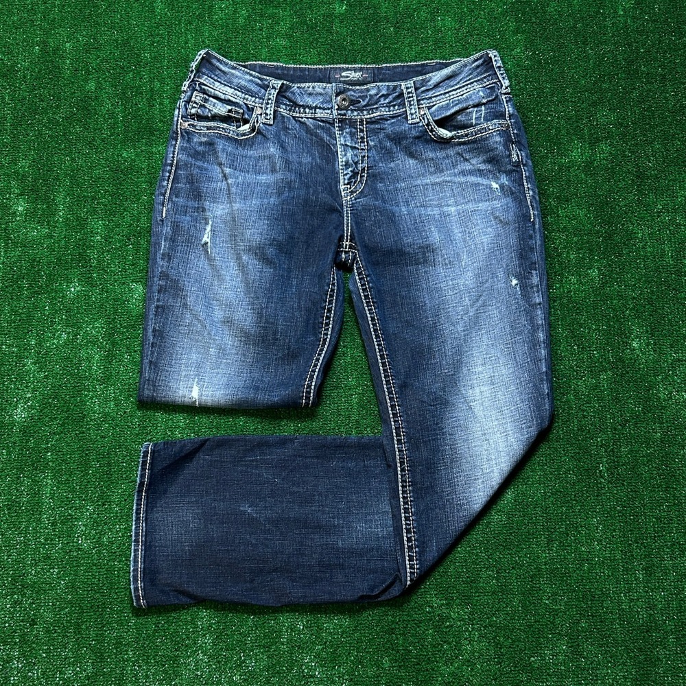 Silver Jeans Co Suki Mid Straight Distressed Dark Wash Denim 33x32